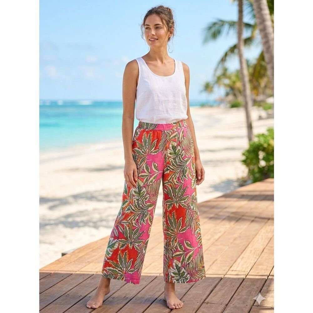 C&C California 100% Linen Wide Leg Pants Large Tropical Floral Palm Pink Orange